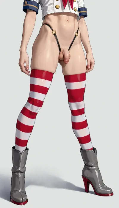 shimakaze-kun, shimakaze, (kancolle), solo, male focus, simple background, standing, thighhighs, white background, white thighhighs, femboy, high heels, penis, boots, shirt, panties, trap, navel, mole, white shirt, black panties, striped thighhighs, object insertion, flaccid, testicles anal stomach, anal object insertion no pants, high heel boots lower body, highleg, red thighhighs, neckerchief, highleg panties, o-ring, o-ring bottom, grey footwear, mole on thigh, cropped shirt, o-ring panties, anchor ornament, striped clothes, horizontal-striped thighhighs