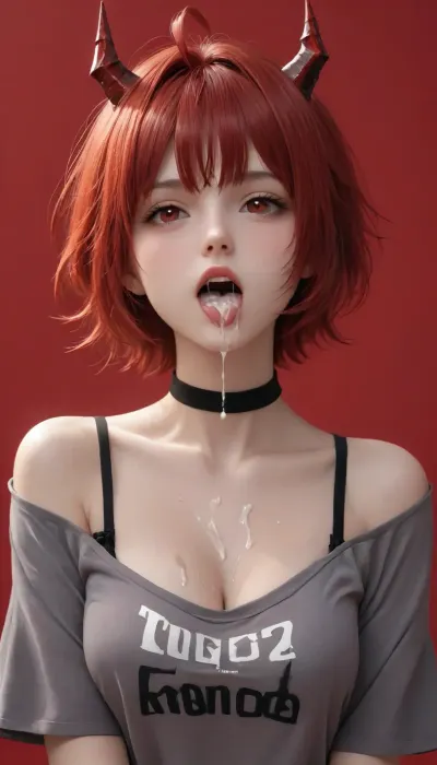 arknights, w, (arknights), 1girl, ahoge, antenna hair, black choker, blush, bow, bra strap, breasts, choker, cleavage, cum, (cum in mouth:1.7), cum on body, cum on breasts, cum on upper body, demon horns, facial, grey hair, grey shirt, hair bow, horns, off shoulder, off-shoulder shirt, open mouth, red background, red eyes, red hair, red horns, shirt, short hair, simple background, solo, tongue, tongue out, trembling