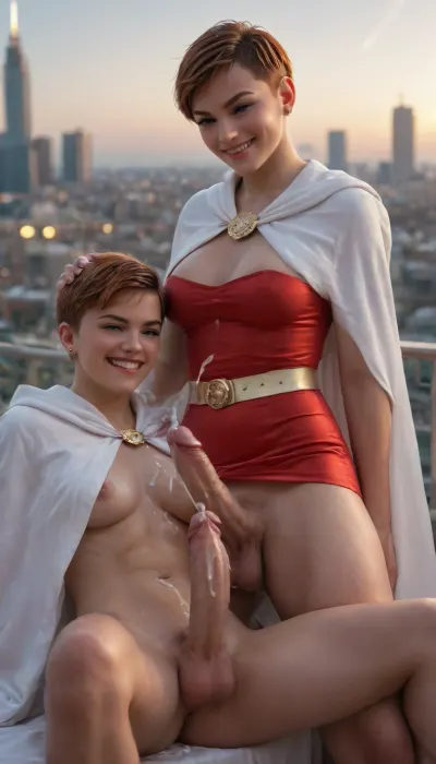 (futanari:1.9), (smirk face:1.8), ginger hair, (side-parted-pixie haircut:1.3), red mini dress with a gold lightning bolt on the chest, white belt, white cape with a gold chain holding it on, white knee-high boots, city skyline, (cumming-penis:1.7), (perfect lighting), penis, <lora:MJ52_v2.0:1.5>, <lora:Dramatic_penis_SDXL:.8>, <lora:xpenis-1.5e:.5>