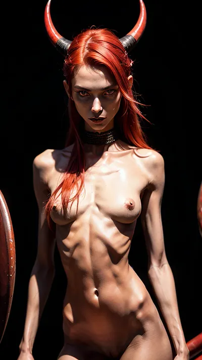((devil)), horns, thigh high boots, (legs spread wide:1.8), (naked), woman, portrait, ((18 years old)), ((slim figure)), seductive smile, black choker, black cloak, red tribal body tattoos, firey background, ((skin with high detail)), high quality, detailed skin texture, (red hair:1.3), high detail, ((slender body)), (realistic), soft focus, dramatic light, insanely detailed, top quality, <lora:weight_slider_v2:-1>