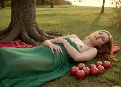 A timeless meadow where the grass is soft and emerald, scattered with crimson apples glistening like drops of blood upon the earth. At its heart, a woman reclines with an air of fragile grace, her form draped in a gossamer fabric that whispers of innocence yet unseen. Her eyes, filled with both wonder and hesitation, meet the golden gaze of a serpent—sleek, hypnotic, and coiled with intent. The serpent, a figure of temptation, presents an apple, its scales shimmering with an unearthly light. The scene is bathed in a golden twilight, where shadows dance among ancient trees, and the air seems to hum with the weight of an eternal choice. This is the moment of the Original Sin, caught between purity, <lora:2FingersSDXL_v03:.5>, <lora:Medusa:.5>