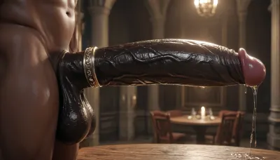 ((solo very-dark black male)), genital closeup, dark black cock in focus, (porn lighting, penis jewelry), (ultradetailed veiny texture), oiled, black skin, erect, penis curved upwards, arched tip, ((hyper gigantic black penis)), (side view), (bulbous veins), ((huge thick luxurious wide cock ring)), muscular dark thighs, ((giant wide massive black penis, dark, red details, sophisticated lair, demonic themes)), (luxurious lush lube oil over the penis, wet penis), hyper dark black dick, pentagram, domination, (girthy huge cock revealed, enormous fat black dick, phallic details, dark hung african, exquisite phallus, solo), darkx, (oily, dark skin, saggy balls, (balls fully visible), fantastical special phallus), (dark luxury, sexual anticipation), volume effect, nightly
