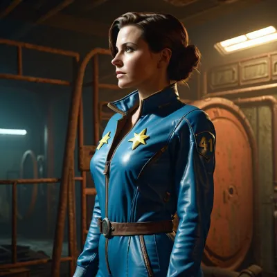 Fallout 4, woman, Nora wearing the 111 refuge jumpsuit, side view, <lora:FalloutCinematic:.5>