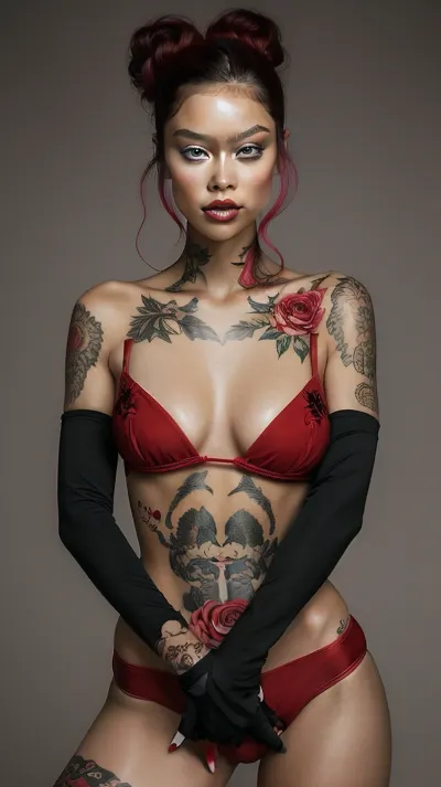 a cinematic, high-contrast photograph of a confident young woman with light, porcelain-like skin, donning a striking long cut hairdo in a vibrant red hue that falls just above her shoulders. Her body is extensively tattooed, with intricate designs and patterns covering her skin from neck to toe. She is nude, showcasing her toned physique, paired with opaque stockings and bold. Her hands are adorned with fingerless gloves, and she nonchalantly holds a Rose between her index and middle fingers. Her facial features are delicate yet striking, with high cheekbones, a small nose, and full lips that curve into a subtle, enigmatic smile. The overall aesthetic is edgy, punk-rock inspired, with a touch of sophistication, set against a dimly lit, atmospheric backdrop that adds to the image's cinematic quality., <lora:epi_noiseoffset2:.5>