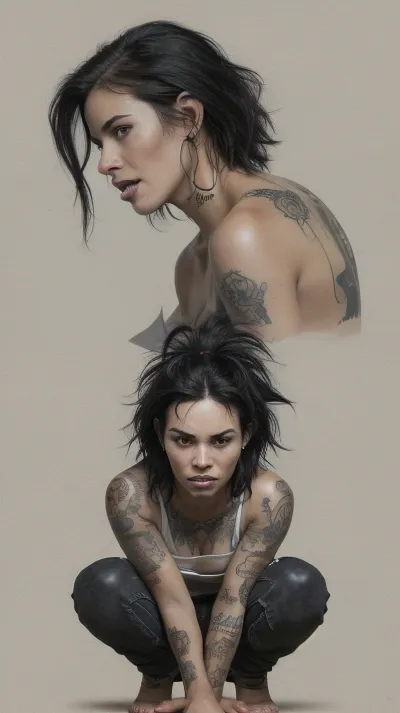 brunette, black woman, black hair, SIDE view, profile, looking to the side, partially visible face, back view, distorted perspective, asymmetrical pose, turned body, side-facing character, silhouette, obstructed face, hidden details, side view, profile view, multiple characters, overly casual or simplistic designs, details disordered, cartoonish elements, ugly, teeth, tooth, various, sheat character, tattoos, heads and hair cut in the image, crouched, squatting, deformed, noisy, blurry, distorted, out of focus, bad anatomy, extra limbs, poorly drawn face, poorly drawn hands, <lora:epi_noiseoffset2:.5>