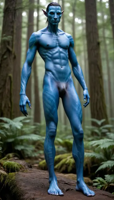 avatar, navi, male, naked, penis, blue penis, long penis, Slender penis，full-body picture, Full-blue-skin, legs and feet，There are patterns on the skin，Long Leg