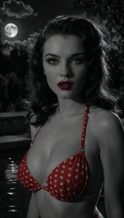 (((Noir style:1.3))), ((black and white pencil drawing style)), ((young vampire woman)), (20 year old), (((red polka dot bikini))), (full body), (vampire fangs teeth), (pale skin:1.4), The background is pool, moon. Style, drawn in black and white colors. Mysterious, mystical, mysterious, elegant setting, (striking eyes), full length, (red lips), (((amber iris eyes))), (((symmetrical face))), (((pretty))), Soft dark dim moody lighting, cinematic photo, Futuristic vampire hunter, looking into camera., huge, breasts, massive, <lora:add-detail-xl:.5>, <lora:SDXL_MassiveCowsLoRA_v1:.5>, brown, perfecteyes, <lora:PerfectEyesXL:.5>, mad-sincity, 1940s, noir, <lora:Sin_City_Movie_Style_SDXL:.5>, nklnor, <lora:nklnor:.7>