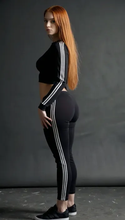 Grey background, Ginger girl, seductive look, wide hips, big hips, natural breasts, small breasts. Pants squeeze the ass, pants are small. Long straight hair. The girl is wearing a black adidas tracksuit with three stripes on the sides.