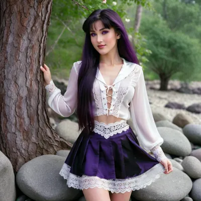 Sailor Mars from Sailor Moon, solo, very beautiful young girl, long violet hair, perfect detailed purple eyes, ((full body)), (((front side view body))), trees, flowers and stones, black and white blouse, ((black silk micro skirt with white lace)), (posing and smiling at the viewer), <lora:sailor_mercury_animaginexl_v1:.5>, <lora:gstr:.5>