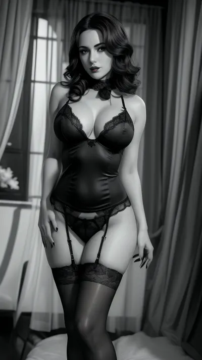 Dark film noir, black and grey, scene, female, lingerie, black stockings, breasts exposed, ((masterpiece)), 3DMM, <lora:3DMM_V12:.5>