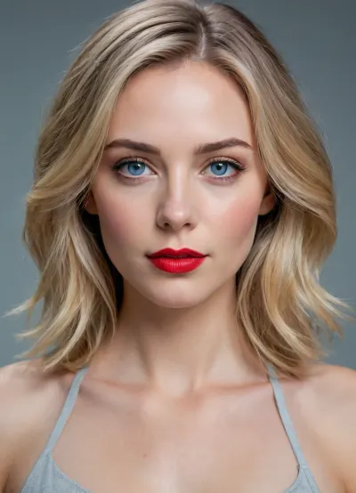 Portrait of a beautiful woman with fair skin, light blue eyes, soft natural makeup, medium-length blonde hair parted in the center, with loose strands framing her face. She has subtle facial features, slightly defined cheekbones, and wears vibrant red lipstick., (oval face shape:.6), (diamond:.4), almond-shaped eyes, rounded jaw shape, slightly elongated face, The lighting is soft and even, with a neutral gray background, realistic and highly detailed, photorealistic, ultra-HD, cinematic quality
