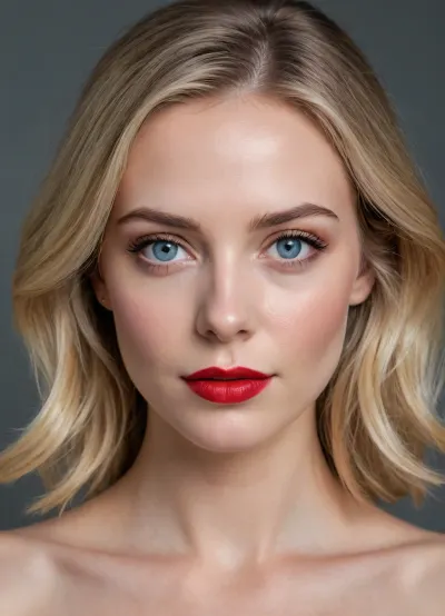 Portrait of a beautiful woman with fair skin, light blue eyes, soft natural makeup, medium-length blonde hair parted in the center, with loose strands framing her face. She has subtle facial features, slightly defined cheekbones, and wears vibrant red lipstick., (oval face shape:.4), (diamond:.6), almond-shaped eyes, rounded jaw shape, slightly elongated face, The lighting is soft and even, with a neutral gray background, realistic and highly detailed, photorealistic, ultra-HD, cinematic quality