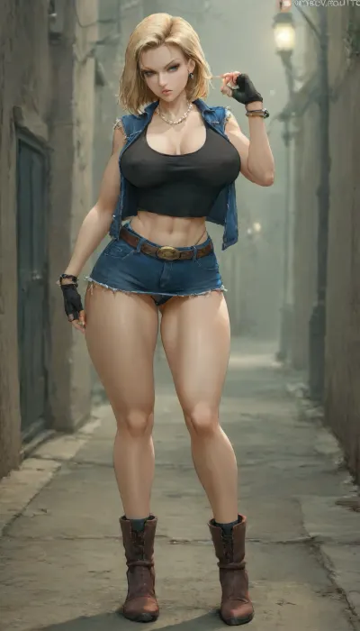cutesexyrobutts style, concept art, 1girl, full body, bed, (best quality, masterpiece, perfect face), narrow waist, raw photo, big breasts, pearl necklace, (big pearls:.95), (high detailed skin:1), extremely detailed, 8k, soft lighting, best quality, perfect breasts, (pear shaped ass), blonde Hair, bob cut hairstyle, abs, toned, athletic, fit, stunning eyes, (thick lips:1.2), (swollen lips:1.1), She wears a denim jacket that fits snugly, giving her a sharp, tailored silhouette. The jacket features a distinctive patch on one arm, adding a rebellious, individualistic flair to her attire. Beneath the jacket, she sports a black tank top that hugs her figure, keeping her outfit simple and understated but effective in highlighting her athletic build.

Alleyway setting, parked cars, street lights, dumpster, night time, ambient light, (Arched back:1.2), Her skirt is a knee-length denim piece, slightly distressed for a rugged vibe, brown boots with a sturdy design, offering both style and practicality. The boots feature small, subtle details like buckles or stitching that tie the look together without overwhelming the ensemble.

her look thrives on its simplicity and balance, DB_Android_18, a, woman, jewelry, blond, hair, earrings, blue, eyes, belt, necklace, skirt, black, fingerless, gloves, white, shirt, vest, hoop, short, sleeves, bracelet, pearl, buckle, GiganticBreatsXL, gigantic, breasts, huge, <lora:cutesexyrobutts style:2>, <lora:add-detail-xl:1.5>, <lora:ReiqIllustriousXL_byKonan:1>, <lora:DB_Android_18_V1:1>, <lora:GiganticBreastsXLv1:1.5>