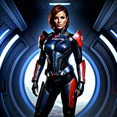 Mass Effect, Commander woman Shepard, ((full body)), front side view body, N7 black commander spacesuit, heroic wave