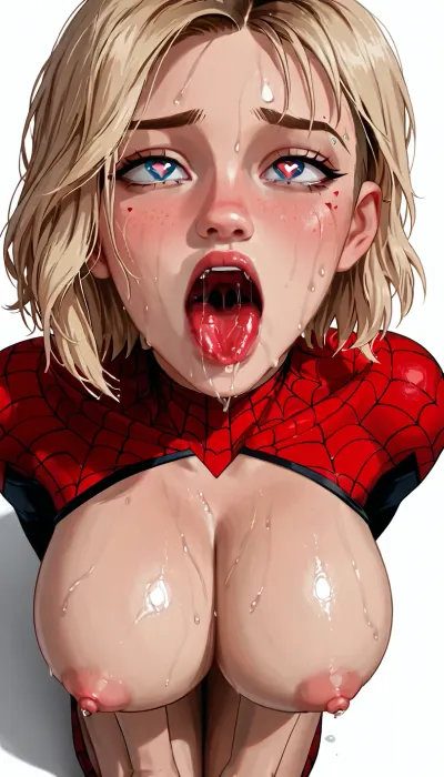 (White Background), (Gwen Stacy from Spiderman across the spiderverse), (face close up), red tongue out, lots of spit, saliva dripping down, ahegao, orgasm, sweating, red heart eyes, top down view, on knees, massive breasts, hard nipples, <lora:NEOTOKIOXL_0.2_RC:.7>
