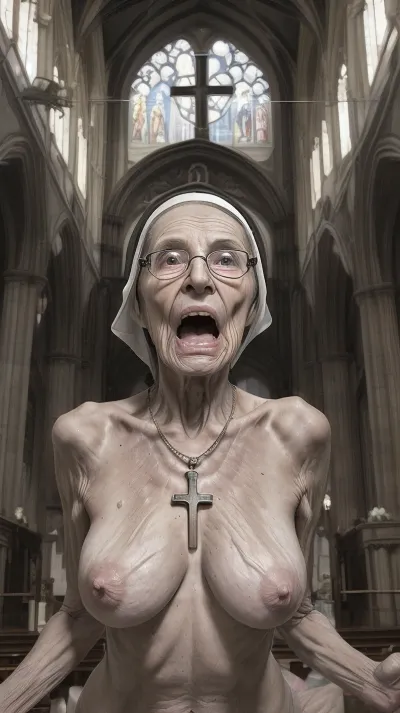 Very old granny, 90 years old, extremely skinny, ribs showing, wrinkly saggy skin, loose flat tits, empty hanging wrinkled breasts, pierced nipples, entire body, detailed face, church, cathedral, glasses, nun, fingers in pussy, cross necklace, shaved pussy, angry, shouting, looking up to the sky, angry look, full body, ultra realistic