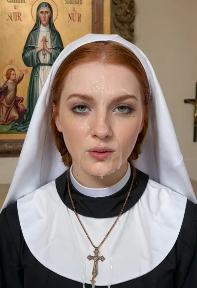 concept art high quality, high detail, 4k, long ginger hair, makeup, sexy body, perfect face, (catholic nun:1.3), looking at viewer, crying, scared zPDXL2, score_9, score_8_up, score_7_up . digital artwork, illustrative, painterly, matte painting, highly detailed, One redhead Scottish girl in horse stable, very elegant girl, ((very cum dripping from lips)), ((very cum on face and hair)), green eyes, detailed face, detailed eyes, pleasure in face, perfecteyes, realcumAI, cumshot in face, sperm drops, facial, cum, on, face, breasts, stomach, covered, in, perfect, <lora:JustCum:.5>, <lora:PerfectEyesXL:.5>, <lora:Facials:.5>