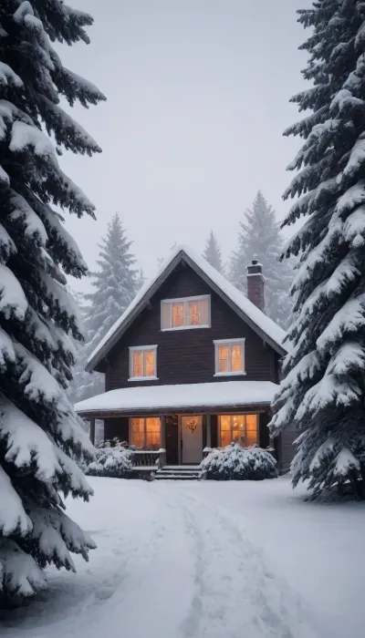 winter, house, garden, spruce. heavy snowfall, poor visibility, huge snowdrifts.