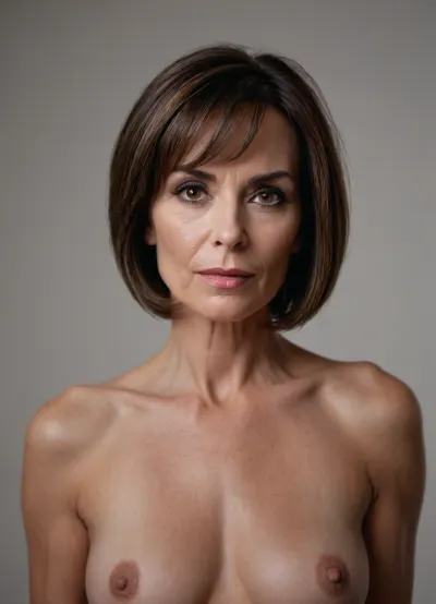 Single female, 55 year old, ((milf:1)), European, brunette, flicked bob cut bouffant, tall, slender, heavy makeup, naked, white backdrop, hinaigirl, <lora:Older_woman-000008:.5>, <lora:MaybeBetterFaceInFullBodyLora_XL_rev3:.5>