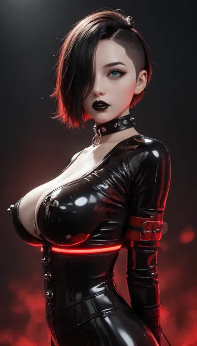Goth girl, 1girl, solo, ice blue eyes, boobs are nude, pale skin, big breast, (black lipstick:1.5), short white hair, hairstile&nbsp;Sleek Coif with Double Sided Undercut, looking at viewer, simple background, black lips, black tall posture collar, (dark background:1.2), (hair over one eye), two-tone hair, (black latex catsuit, black latex posture corset:1.4), black shoulder straps, black under breast strap, black shine latex tong, big ringgag, arms tight behind back, (armbinder), (red light:1.6), (score_9, score_8_up, score_7_up), hands tied armbinder, side view, nipple clamp
