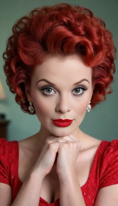 Face only 50's pinup, red poodle cut bouffant