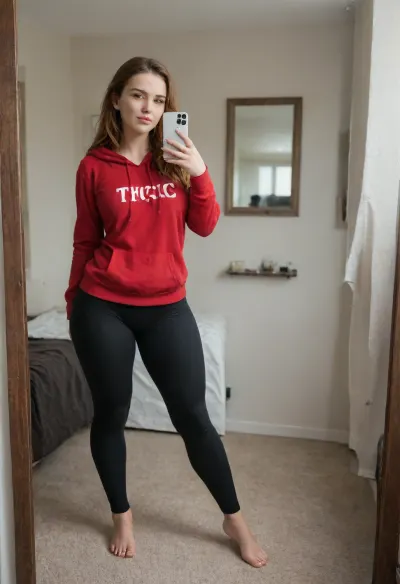 (realistic), realistic face features, realistic face, super detail, masterpiece, ultra-high resolution, 8k UHD, SLR camera, high quality, detailed skin texture, toned body, symmetrical face, detailed face, realistic girl, photorealism, studio lighting, soft shadows, best quality, natural redhead hair, thicc, sexy thick legs, big ass, thick ass, petie, ((very wide hips)), (a woman taking a picture of herself in a mirror), ((thicc build)), ((leg shot)), cluttered room, cute casual streetwear, academic clothing, (a woman taking a selfie in front of a mirror), long shot from front, ((black leggings)), feminine figure, f/15, toned legs, 18, ((thick legs)), claret red hoodie, hoodie, black leggings, far from mirror, wide, hips, thick, thighs, shot from slightly bottom, (very thick legs:1.4), (very wide hips:1.4)