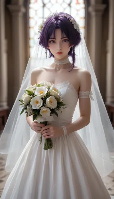 genshin impact, scaramouche, femboy, wide hips, penis bulge, bare shoulders, bishounen, bouquet, bride, choker, crossdressing, dress, flower, flower on head, holding, holding bouquet, looking at viewer, male bride, male focus, purple eyes, purple hair, short hair, solo, tututor, veil, wedding dress, white choker, white dress, white flower