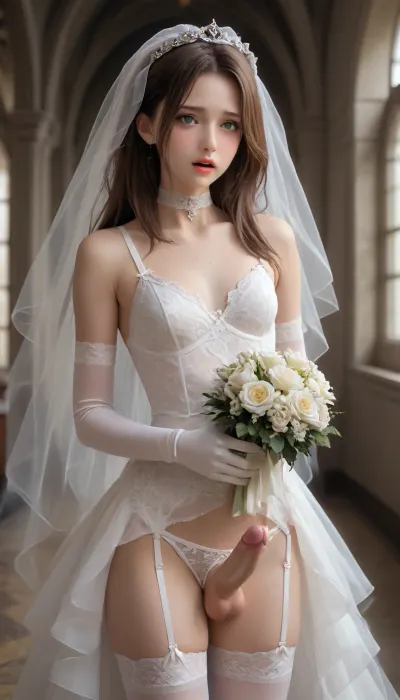 femboy, blush, bouquet, bridal veil, bride, brown hair, choker, crotchless, crotchless panties, dress, elbow gloves, erection, flower, garter straps, gloves, green eyes, lingerie, long hair, open mouth, panties, penis, precum, tears, testicles, thighhighs, trembling, underwear, veil, wedding dress, white gloves, white panties