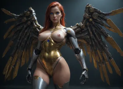 1girl, long hair, red hair, ponytail, golden tan, (golden armor corset), (very very gigantic golden Cyborg wings), (silver cyborg armor tights), (Cyborg body:1.9), (blue glowing eyes:1.3), (golden Cyborg breasts), (silver Cyborg hard nipples), (Cyborg belly scar), Shiny skin, Cyborg highleg panties, Cyborg thighhighs, Cyborg Claws, Cyborg bridal gauntlets, cowboy shot, (Neon style:1.3), cyborg, style, android, <lora:cyborg_style_xl-alpha:1>, <lora:ThePitXL:1>