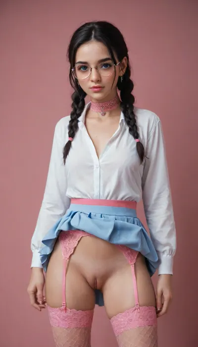 UHD 8K, extreme realism, maximum detail, (20yo sexy girl:1.5), (seductively standing:1.4), ((Skirt)), (detailed face:1.3), (round thin-rimmed glasses:1.3), (sparkling choker:1.3), (pink fishnet stockings and garter:1.5), (no panties), (dripping pussy), (very detailed face), (beautiful face, blush, white skin), (light blue eyes:1.3), (black hair with a braids:1.5), (pink room in the background:1.5), perfect composition of lights and shadows, dynamic, the brightest image, clear focus, depth of field, 32k, 30 mm lens, 1/250 s, f/2.8, ISO 300