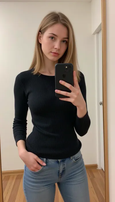 新鮮な光景:4kでiphoneと取られた若い、控えめな女性の詳細な、高品質のselfie