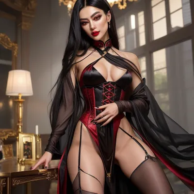 A 23-year-old half-Japanese, half-American androgynous beauty with striking high cheekbones, full lips, and deep, expressive dark eyes. Her makeup is bold and dramatic—red and gold eyeshadow, deep red glossy lips, and sculpted cheekbones. Her long, sleek black hair frames her face elegantly. She wears a tight silk cheongsam with daring slits, sheer lace robes, or a corset, adorned with gold jewelry, long crimson nails, stockings, and high heels. Though her body remains masculine, her presence exudes controlled femininity, a carefully crafted illusion of elegance and seduction.