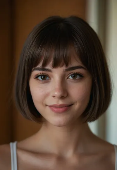 portrait of a, (beautiful), girl, 18 yo, Instagram model, sexy, thin, Turkish, short Bob haircut, bangs, (brown hair), perfect eyes, (matte skin details), innocent, (shy, smile), masterpiece, hyperrealistic photo, best quality, detailed, skin, blemish, <lora:add-detail-xl:2>, (skin spots), (makeup)