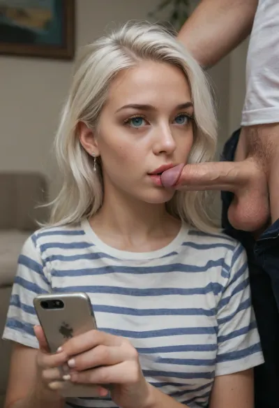 score_9, score_8_up, score_7_up, score_6_up, 1girl, penis, hetero, 1boy, phone, cellphone, striped_shirt, striped, uncensored, short wavy white hair, cute round face, smartphone, realistic, testicles, shirt, solo_focus, holding_phone, erection, nude, clothed_female_nude_male, white_hair, holding