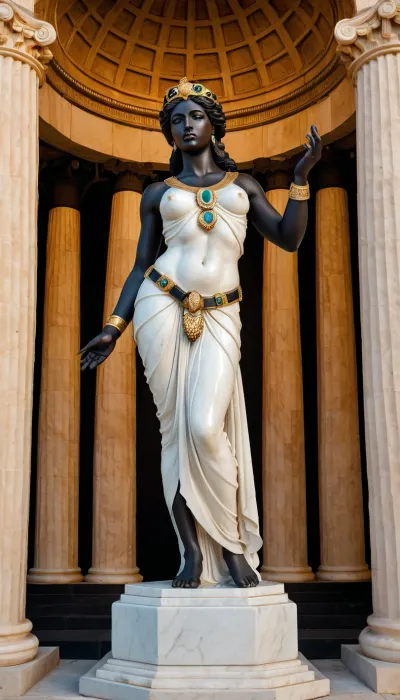 Ultrarealistic Photography, high-resolution, photorealistic image, full front view, impressive colossal Greek polychromic marble statue of black ebony goddess Aphrodite, greek temple cella, golden jewels and belt