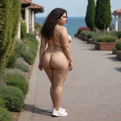realistic photo, cyberpunk, 35 years old, big chubby woman, black brown very long curly hair to buttocks, Indian skin, naked, full legs side view full body, standing with her natural realistic very natural buttocks are seem, Normal to fit the body buttocks are Semmes, The waist and buttocks are positioned naturally to fit the body. Full body side view, including. She is looking out at the sea. Full body side view, . She is waiting in front of her. extremely detailed, ultra realistic, wearing a white sneakers, full body back side view, cute simple smile, naked in public, walking public place, walking crowded garden