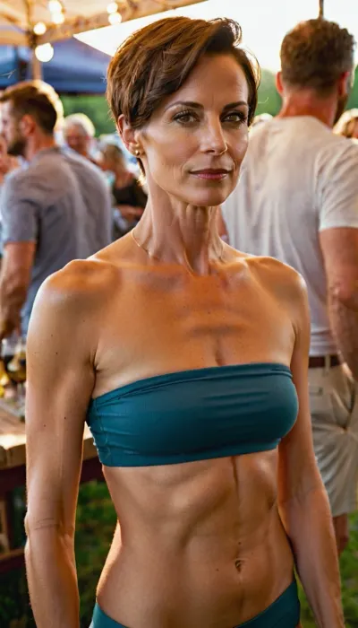 A realistic, full-body photograph in halfprofile of a 45-year-old woman with very short brunette hair, an attractive narrow face, and a prominent narrow nose. She is very tall, with a very athletic and slender build, with a firm medium chest, and is barefoot. She is wearing very low waist tiny yoga booty shorts, a strapless very short crop tube top, jewelry, and flat strappy leather sandals without heels. The background depicts a wine festival with bright natural lighting and a cheerful atmosphere. Very detailed skin, very detailed facial features, (Wide-angle lens Summilux-M 1:1), 4/24 ASPH, shot with a Leica M11 camera, bokeh, hinaigirl, <lora:sdxl_photorealistic_slider_v1-0:2>, <lora:MaybeBetterFaceInFullBodyLora_XL_rev3:.7>