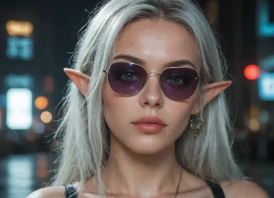 cyberpunk. elf woman . elf ears cybernetic arms. dark cyberpunk city background. pale skin.Futuristic sunglasses.