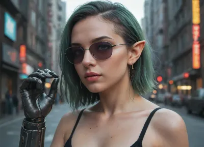 cyberpunk. elf woman . elf ears cybernetic arms. dark cyberpunk city background. pale skin.Futuristic sunglasses.