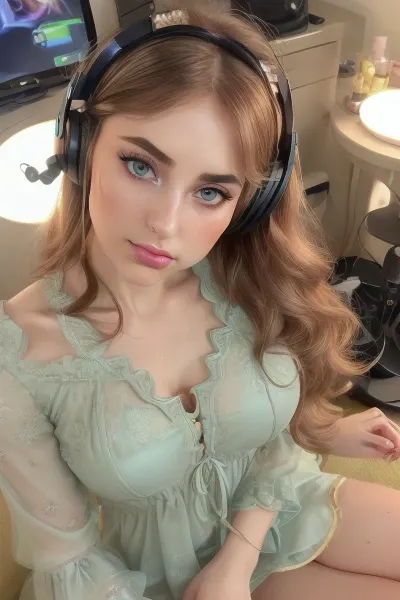 (28 Year old gamer girl:2), (headphones, twitch streamer, sitting in a gamer chair:1.5), (Irish, pale skin, freckles, freckles on face), (web cam snapshot, portrait, waist up shot, top half of body, fisheye lens:1.5), (ring lighting, ringing lighting reflected in eyes), (Scandinavian and Irish features), (photorealistic, photo realistic, photorealism, photo realism:1.8), (4k, 8k, 8k resolution, best quality, ultra quality, highest quality, maximum quality, uncompressed, raw source photograph:1.2), (same color eyes, symmetric eyes, matching eyes, detailed eyes, detailed iris, detailed pupils, limbal ring around iris, perfectly round iris, perfectly round pupils:1.4), (detailed skin, high detailed skin, intricately detailed skin, perfectly detailed skin, high quality skin, highest quality skin, exquisitely textured skin), (intricate clothing, detailed clothing), (microblade eyebrows, perfectly manicured eyebrows), (flushed cheeks, flushed neck, blushing cheeks, blushing neck), (overfilled lips, juicy lips, filled lips, puffy lips, glossy lips, her thick wet lips are slightly parted, nervously biting lower lip, lip bite, lip biting), (casual makeup, subtle makeup, natural makeup), (narrow jaw, delicate jawline, pointed jaw and chin, heart shaped face, pixie face, fairy face, fae features, extremely feminine face, round face, chin, mouth, high cheekbones, sharp cheekbones, faint vellus hairs, cute tall tall tall dimpled cheeks), (upturned button nose, upturned nose, delicate nose, nose), (long hair, wavy hair, loose hair framing her face, tousled hair, bed hair, sex hair, dark ginger hair with dark roots), (eyes slightly crossed, big eyes, wide eyes, doe eyes, slightly wide set eyes), (striking eyes, captivating eyes, mesmerizing eyes, fae eyes), (pale green eyes with golden flecks), (very large breasts, cleavage), (athletic body, sporty body, lean body, muscular body, muscle shoulders, defined shoulders, rock climber body), (wearing a sumeer dress with flowers), (looking straight into the camera, looking straight ahead, head slightly raised, gazing lovingly straight into the camera, looking down on her from above), (she's in love, adoring gaze), (nsfw), (relaxed posture, casual pose, casual outfit, casual attire, casual underwear), (loving expressing, adoring expression, joyous, joyful, pleased), (girlfriend, girlfriend material, girlfriend experience), (crisp details:2)