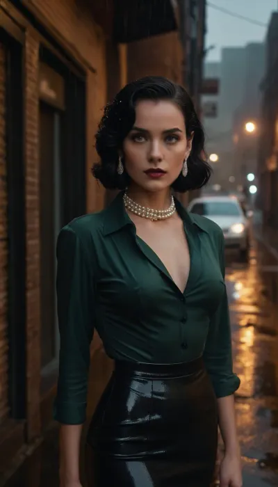 Wide angle, full view, cinematic photography. A woman stands in an alleway on a rainy night. She has a sleek, porcelain complexion that contrasts sharply with her dark, expressive eyes and deep red lipstick. Her black hair is styled in a slicked-back bob, with the top gently teased into a subtle pompadour, and the sides neatly tucked behind her ears, giving her a sharp yet elegant appearance. The glossy, wet look of her hair adds to the otherworldly feel of her character.

She wears a fitted, buttoned blouse with a slight sheen, as well as a thigh-split pencil skirt, black high-heels and seemed black stockings. The ensemble is completed with a pearl choker and paerl earrings that combines the sophisticated fashion of the 1940s with a futuristic style.

There’s an underlying vulnerability in her eyes, capturing the inner conflict of her character. The cold, rainy urban backdrop of Los Angeles -dark streets, neon signs glowing faintly in the mist— perfectly complements her stylish yet somewhat alien look, reinforcing her enigmatic nature.

In all, her appearance evokes a sense of both mystery and sophistication.