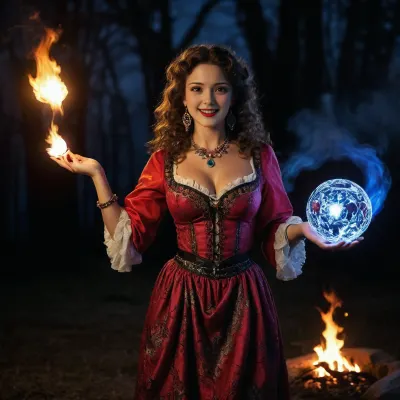 Gypsy woman with a pronounced gypsy appearance, dressed in a traditional gypsy dress with bright patterns, standing by the blue fire in the night forest. Laughing, with bright features, dark skin, eyes Large, thick red lips, expressive, black, Look deep, with a touch of mystery. Wide, bushy eyebrows of natural shape, full red lips, emphasized by bright red lipstick. Thick medium curly hair of dark brown color. Long, puffy skirt of bright colors, unbuttoned blouse, loose cut, with embroidery, lace or shiny elements. Bilye jewelry, large earrings, bracelets, rings, beads. Bright scarf tied on the head. On the feet of boots with bright embroidery. Her blouse is unbuttoned, showing a large beautiful breasts, lewd, sexy, liberated pose, Background, dark sky with aurora borealis and flickering lights of the blue fire. Side pov. Holding crystal ball.