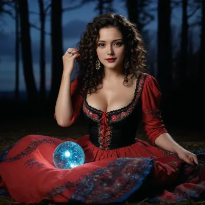 Gypsy woman with a pronounced gypsy appearance, dressed in a traditional gypsy dress with bright patterns, laying on stomach by the blue fire in the night forest. Laughing, with bright features, dark skin, eyes Large, thick red lips, expressive, black, Look deep, with a touch of mystery. Wide, bushy eyebrows of natural shape, full red lips, emphasized by bright red lipstick. Thick medium curly hair of dark brown color. Long, puffy skirt of bright colors, unbuttoned blouse, loose cut, with embroidery, lace or shiny elements. Bilye jewelry, large earrings, bracelets, rings, beads. Bright scarf tied on the head. On the feet of boots with bright embroidery. Her blouse is unbuttoned, showing a large beautiful breasts, lewd, sexy, liberated pose, Background, dark sky with aurora borealis and flickering lights of the blue fire. Side pov. Holding crystal ball.