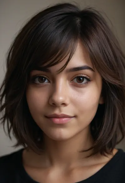 portrait of a beautiful girl, 18 yo, model, sexy, Mexican, messy shaggy long Bob haircut, (dark brown hair), perfect brown eyes, (matte skin details), innocent, shy, smiling, masterpiece, hyperrealistic photo, best quality, detailed, skin, blemish