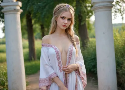 russian girl showing pussy in park garden, (wearing Russian national costume, kokoshnik, sarafan, kaftan, kosovorotka, partially nude, bottomless, no panties, pussy, visible pussy), full body view, (slim body, small perky tits, pussy), braided blonde hair, masterpiece, professional photo, high quality, high quality photo, style of V. Vasnetsov, ancient russian village