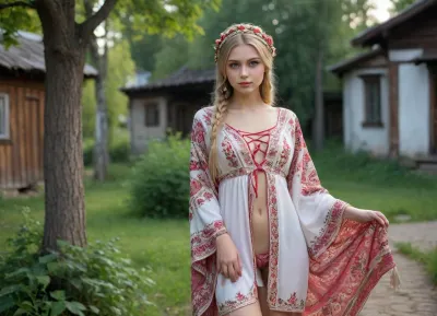 russian girl showing pussy in park garden, (wearing Russian national costume, kokoshnik, sarafan, kaftan, kosovorotka, partially nude, bottomless, no panties, pussy, visible pussy), full body view, (slim body, small perky tits, pussy), braided blonde hair, masterpiece, professional photo, high quality, high quality photo, style of V. Vasnetsov, ancient russian village