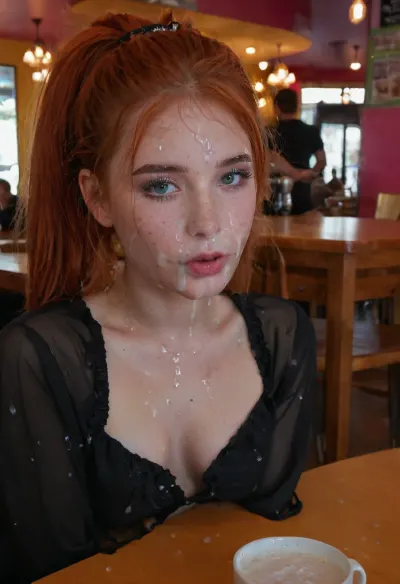 young 18 years old slender egirl sits at a table and looks bored at the phone, bored look, redhead, some freckles, green and grey colored eyes, cute tall face, (bright egirl makeup:1.5), ((ruined makeup)), perky firm tits, (cafe), sitting in a cafe, at a table in a cafe, (cum on face:1.6), (cum on hair:1.3), (cum on cloth:1.3), bukkake, transparent cloth, <lora:JustCum:.5>, <lora:MS_Real_XL_Bukkake:.5>