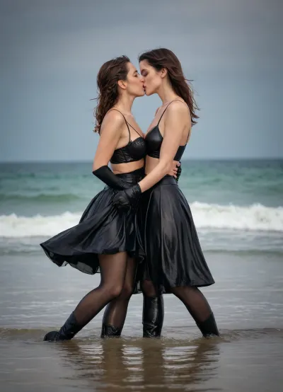 2 woman kissing in the sea, Wearing wet long skirts, wet black bra's, wet long satin gloves, black pantyhose's, high boots, side view