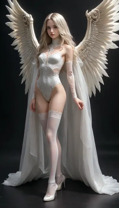 1 girl, sexy slender girl, long hair with small curls, pose, full body floating in the air, exquisite and beautiful big eyes, exquisite facial features, detailed features, dark background, exo-bones mechanism, bones, (half skeleton mask:.8), half-skeleton body, white fur, with a monster skeleton in the background, (fractal), wings made of bones, white stockings, heels, slim waist, (thick white wings:1.5)