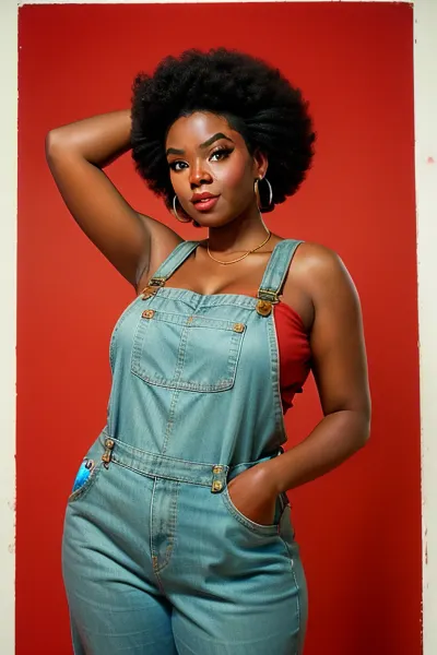 black, afro, bbw, woman, naked overalls, looking at viewer, simple red background, vintage fantasy, 1960s style, technicolor, film grain, Ugandan